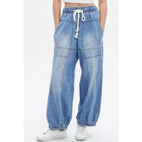 Women Loose Fit Cotton Denim Jeans Casual Wide Leg Drawstring Pants